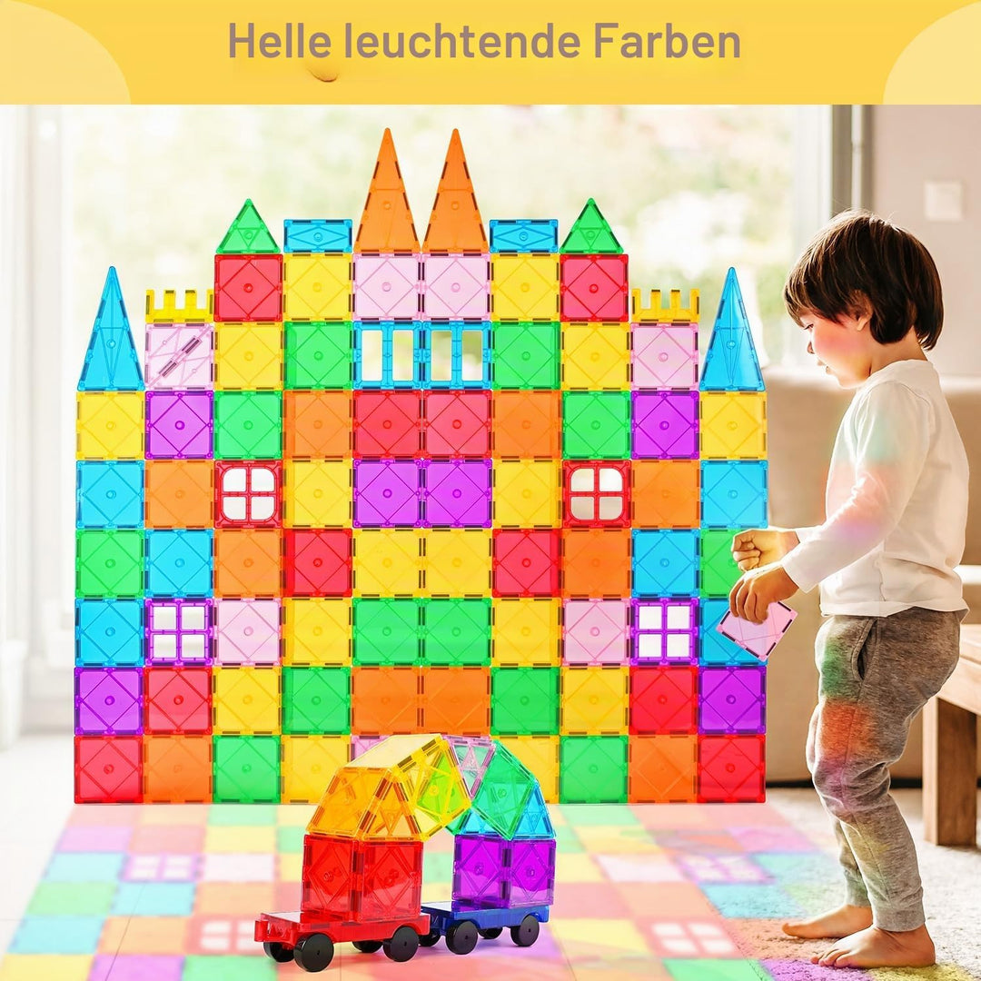 Katiago Magnetische Bausteine, 100PCS Magnetbausteine Set mit 2 Autos STEM Montessori Magnet Spielze