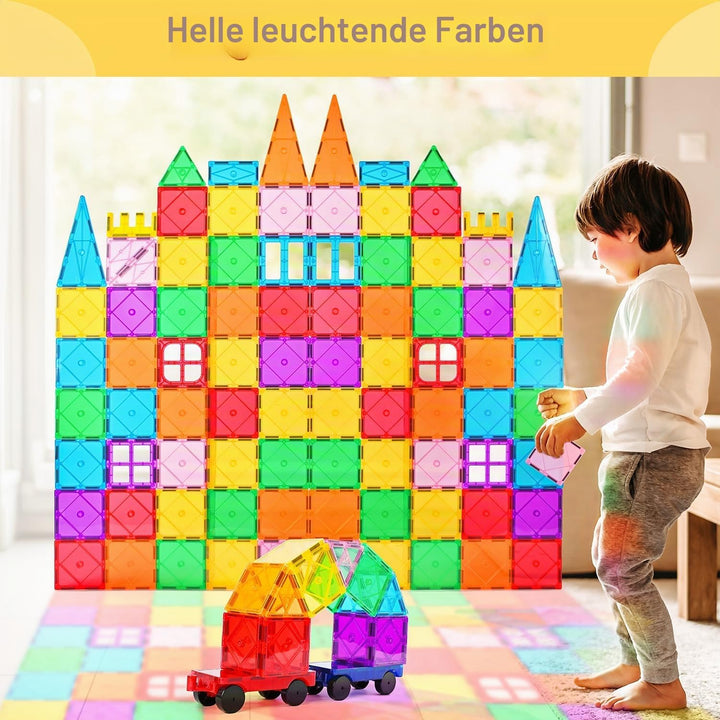Katiago Magnetische Bausteine, 100PCS Magnetbausteine Set mit 2 Autos STEM Montessori Magnet Spielze