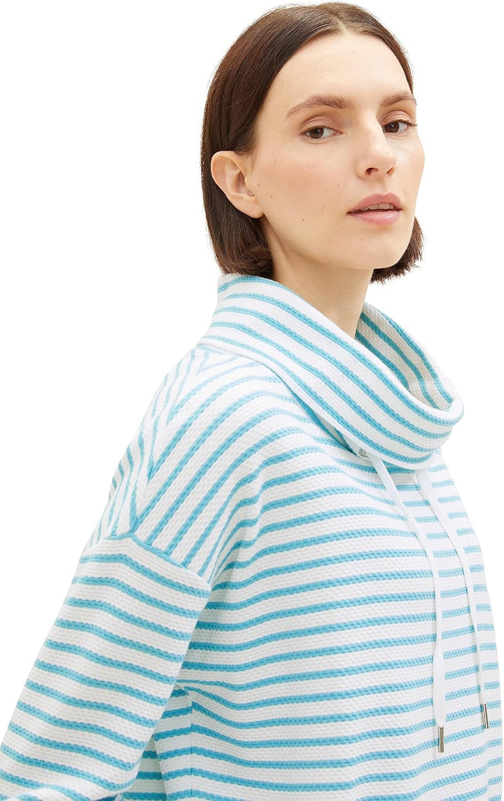 TOM TAILOR Damen Sweatshirt mit Schalkragen XL 34069 - Offwhite Teal Stripe, XL 34069 - Offwhite Tea