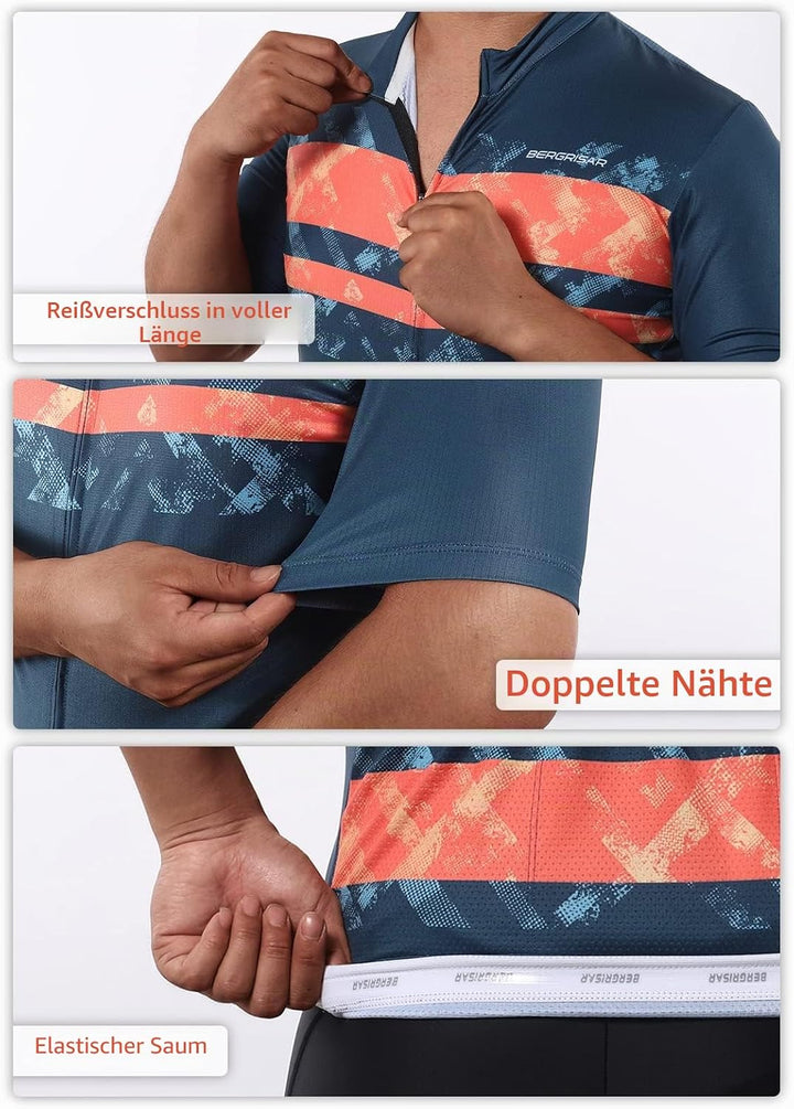 BERGRISAR Kurzarm Fahrradtrikot Herren Radtrikot mit Reissverschluss Taschen Trikots für MTB Mountai
