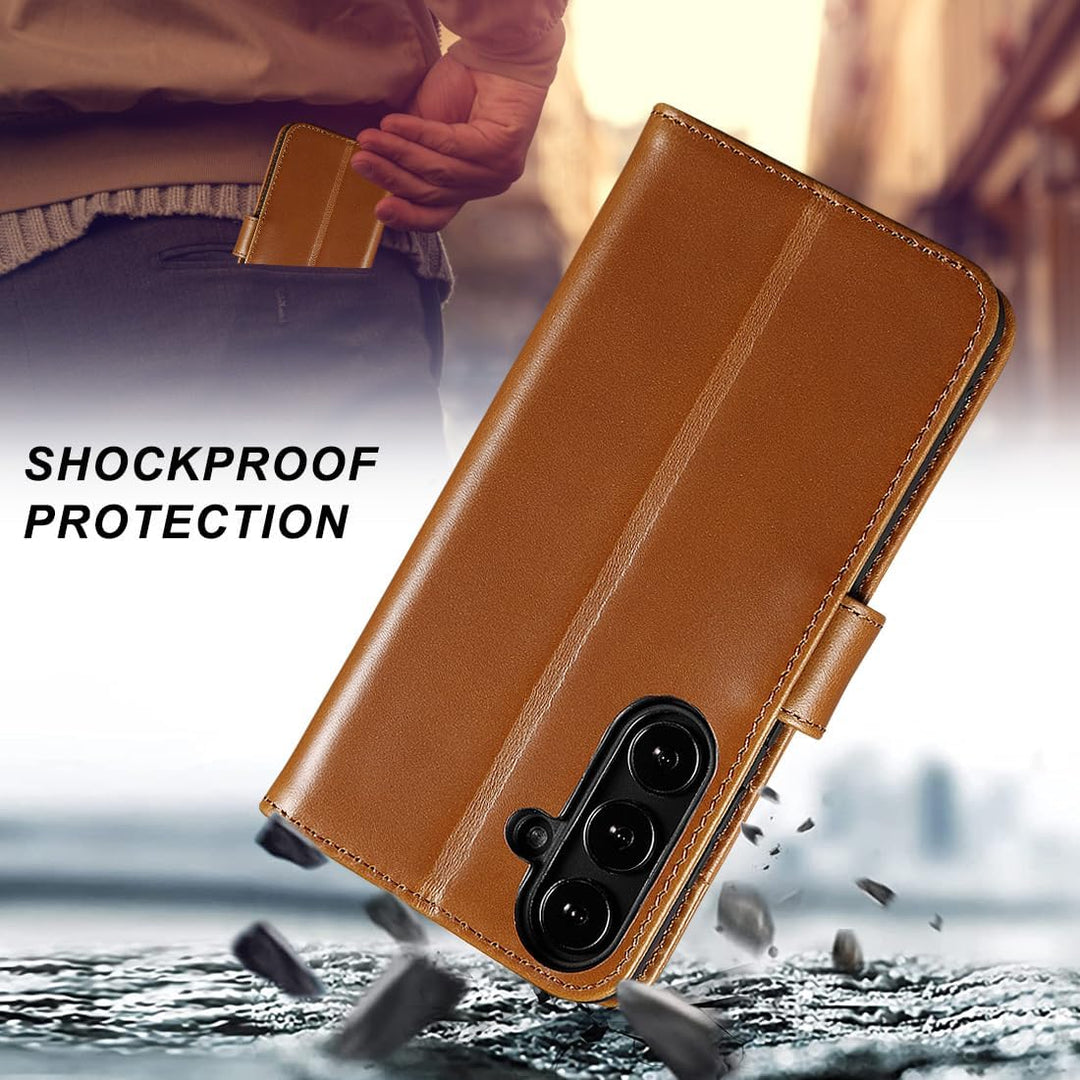 LENSUN Lederhülle für Samsung Galaxy S24, Echtleder Hülle [Standfunktion][RFID Blocker][Premium Echt
