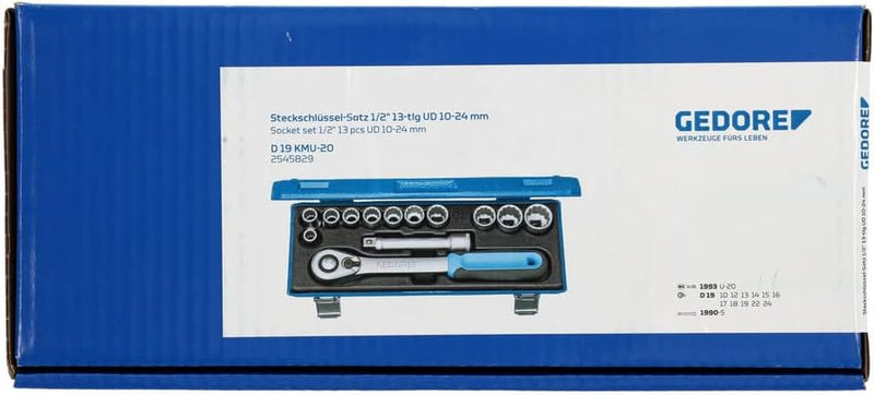 GEDORE Steckschlüsselsatz, Set 13tlg, 6-/12-kant, 1/2 Zoll, 10-24mm, Werkzeug, Knarre Umschalthebel,