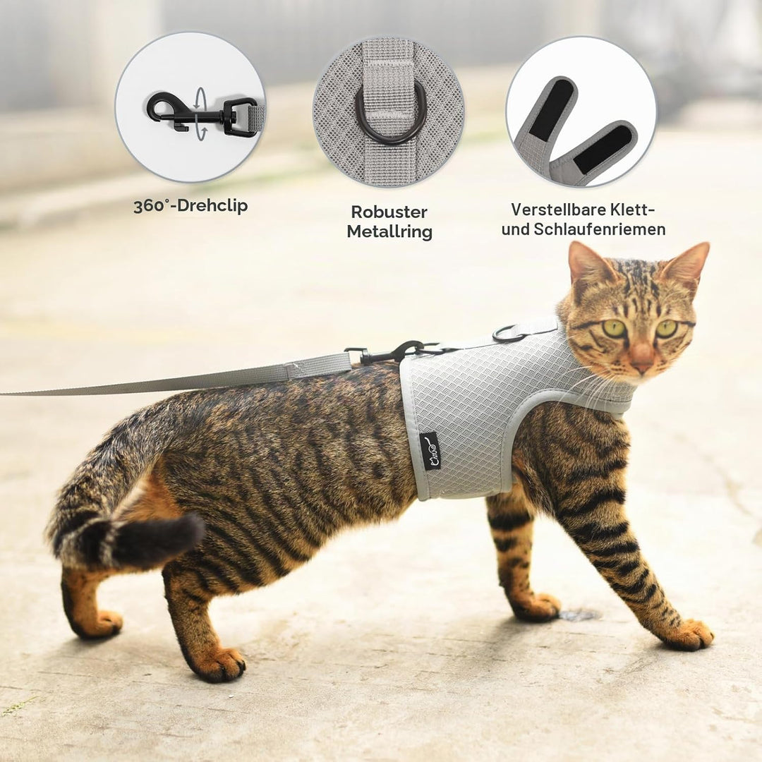 Katzengeschirr und Leine zum Spazierengehen, ausbruchsicher, atmungsaktives Netzgewebe, einfarbig, g