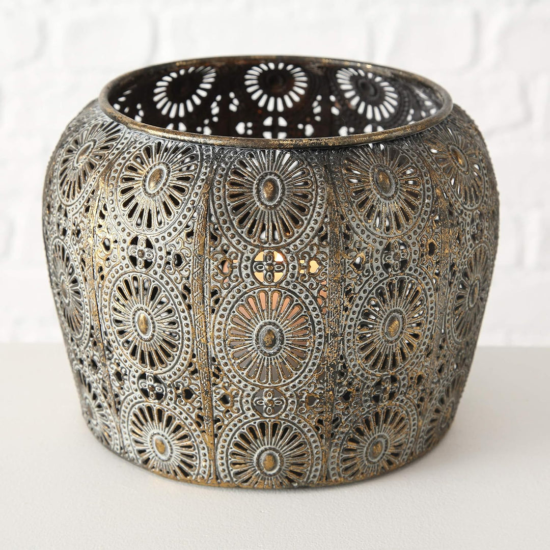 Hurricane Laternen-Set mit Gänseblümchen-Motiv, Metallarbeiten, Used-Gold, Weiss-Grau-Patina, Eisen,