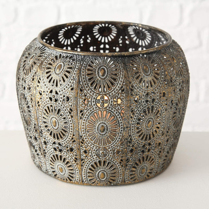 Hurricane Laternen-Set mit Gänseblümchen-Motiv, Metallarbeiten, Used-Gold, Weiss-Grau-Patina, Eisen,