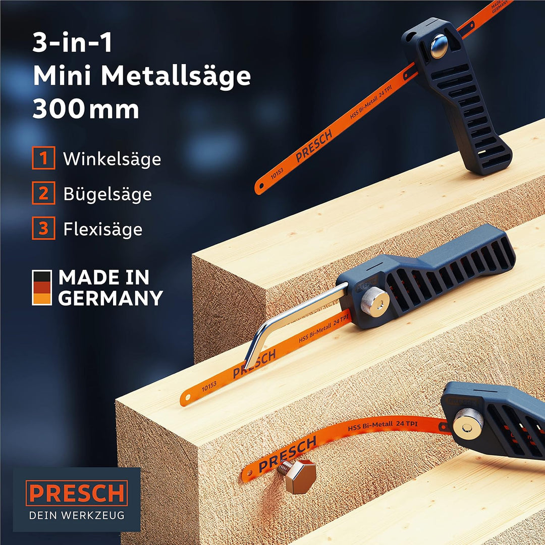 Presch Mini Metallsäge Flexibel 300mm - 3in1 Bügelsäge inkl. Metallsägeblatt - Verstellbarer Sägehan