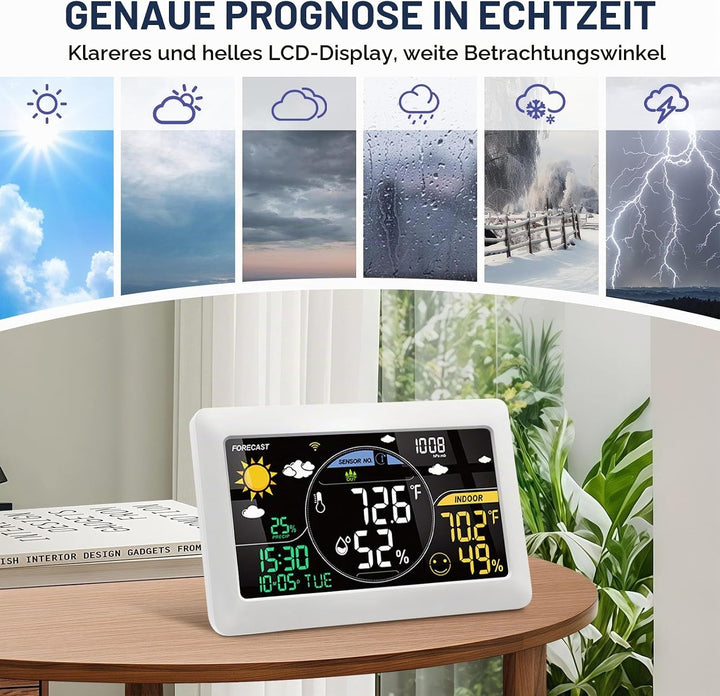 7.9" Wetterstation Funk mit Aussensensor VA-Display DCF Funkuhr, 20CM Grösse Farbdisplay mit Innen u