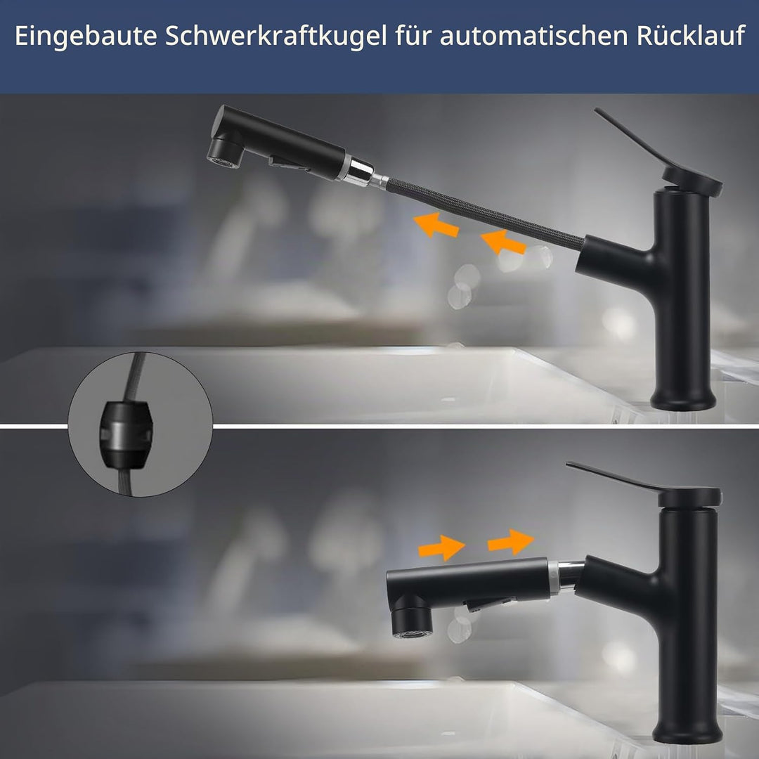 Wasserhahn Ausziehbar Wasserhahn Bad Schwarz mit 3 Wasserstrahlarten Brause Kalt und Warm Einhebelmi