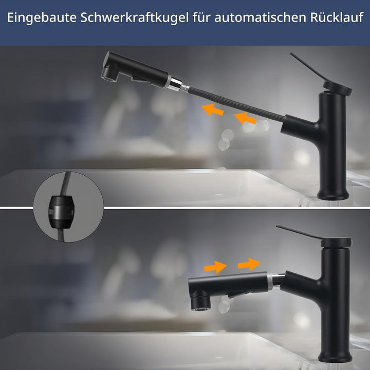 Wasserhahn Ausziehbar Wasserhahn Bad Schwarz mit 3 Wasserstrahlarten Brause Kalt und Warm Einhebelmi