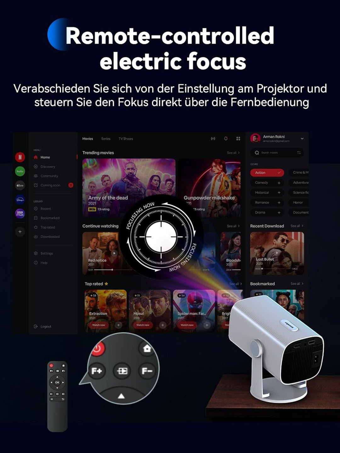 Mini Beamer 1080P Unterstützt - SOOMFON Kleiner Beamer Handy mit Bluetooth, Auto Trapezkorrektur Ele