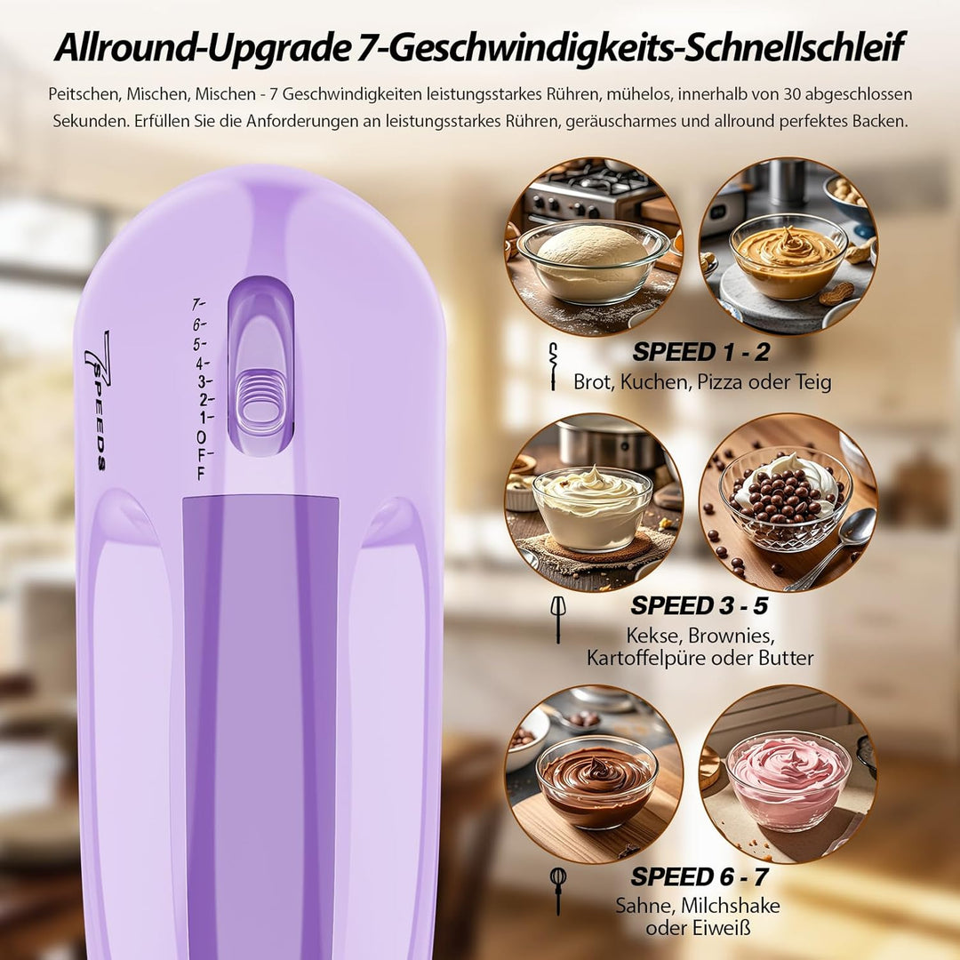 Handmixer, 7-stufig einstellbarer Küchenmixer, 304 Edelstahl-Zubehörteile (1X Schneebesen, 2X Knetha