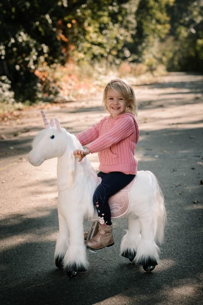 PONNIE Einhorn mit Rollen S (3-6 Jahre), Unicorn zum Reiten mit Abnehmbarer Rosa Sattel und Halfter