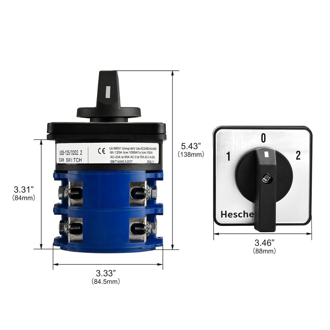 Heschen Drehwechsel-Nockenschalter, LW28-125/D202.2, 125A 660VAC, 2 Phasen, ON/OFF/ON 3 Positionen,