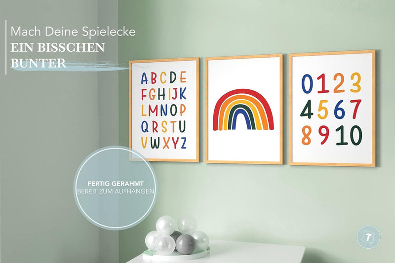 Papierschmiede® Kinderbilder 3er Set Lernposter, A4 gerahmt in Holzrahmen (Natur), Geschenk für Mädc