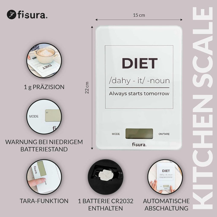 Fisura - Digitale Küchenwaage "diet" weiss. Originale elektronische Waage bis 5 kg/11 lbs. Multifunk