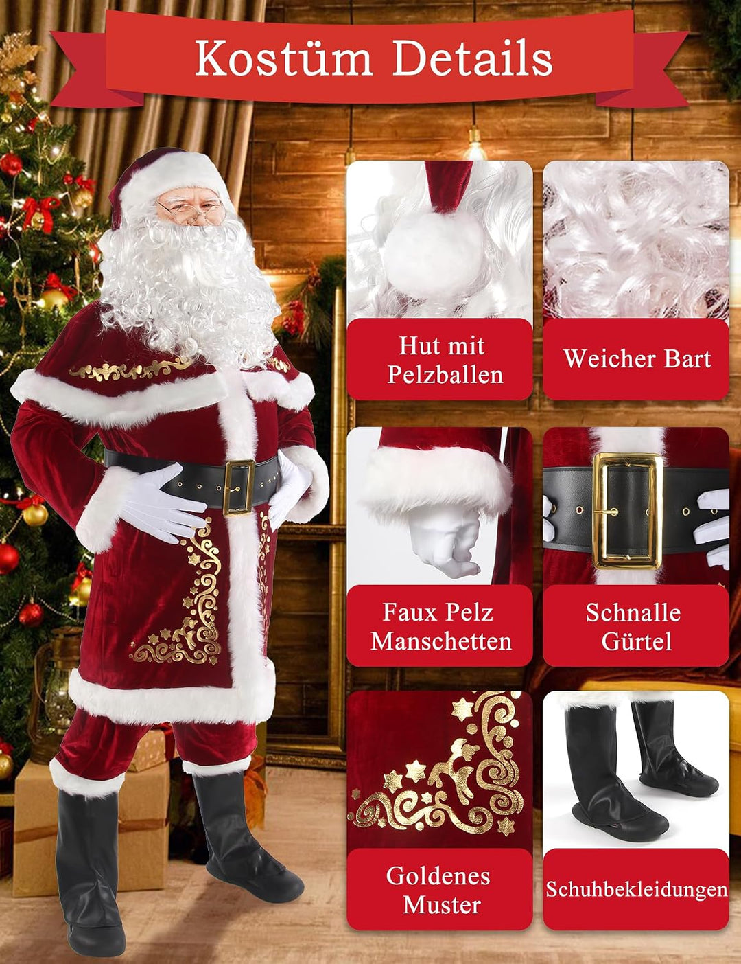 Boveco Weihnachten Weihnachtsmann Kostüm für Männer Erwachsene 12pcs Santa Anzug Deluxe Professional