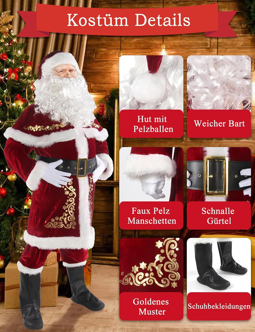 Boveco Weihnachten Weihnachtsmann Kostüm für Männer Erwachsene 12pcs Santa Anzug Deluxe Professional