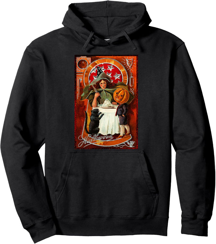Vintager Halloween-Hexe-Katzen-Kürbis, der Geschenk schnitzt Pullover Hoodie