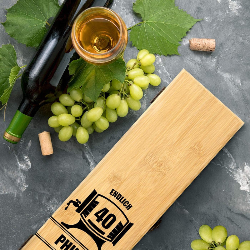 Maverton Wein Geschenkbox für 0,7L Weinflasche + Aufdruck + 4er Weinzubehör - Weinset aus Bambus - 3
