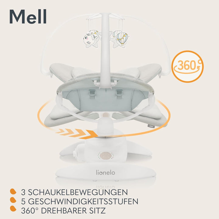 LIONELO MELL Elektrische Babywippe mit 360o Drehung für Babys bis 9 kg Verstellbare Rückenlehne 5 Sc