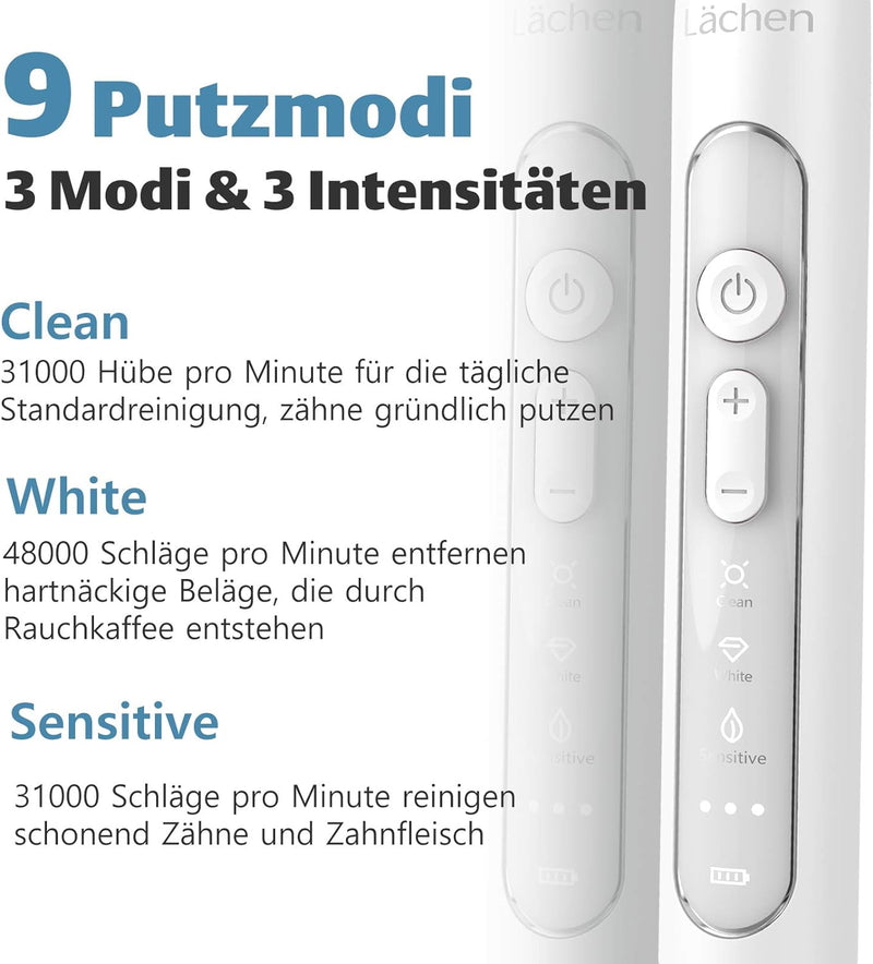 Lächen Sonic elektrische zahnbürste Schallzahnbürste mit 4 Aufsteckbürsten und Timer, 3 Modi & 3 Vib