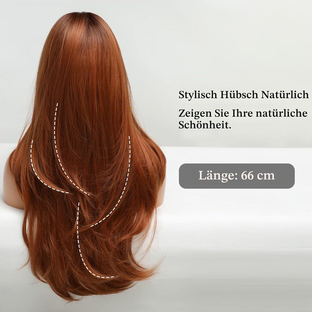 HAIRCUBE Lange Auburn Perücke mit Pony Layered Lockige Orange Perücken für Frauen Natürliche synthet