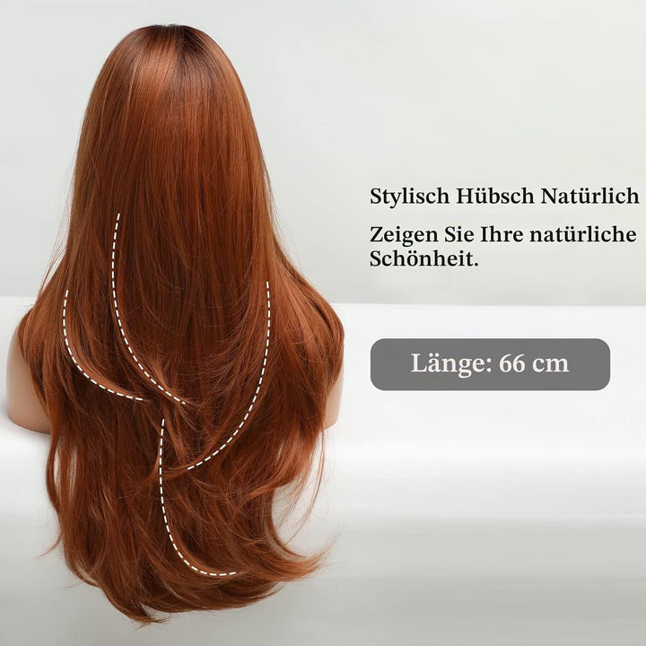 HAIRCUBE Lange Auburn Perücke mit Pony Layered Lockige Orange Perücken für Frauen Natürliche synthet