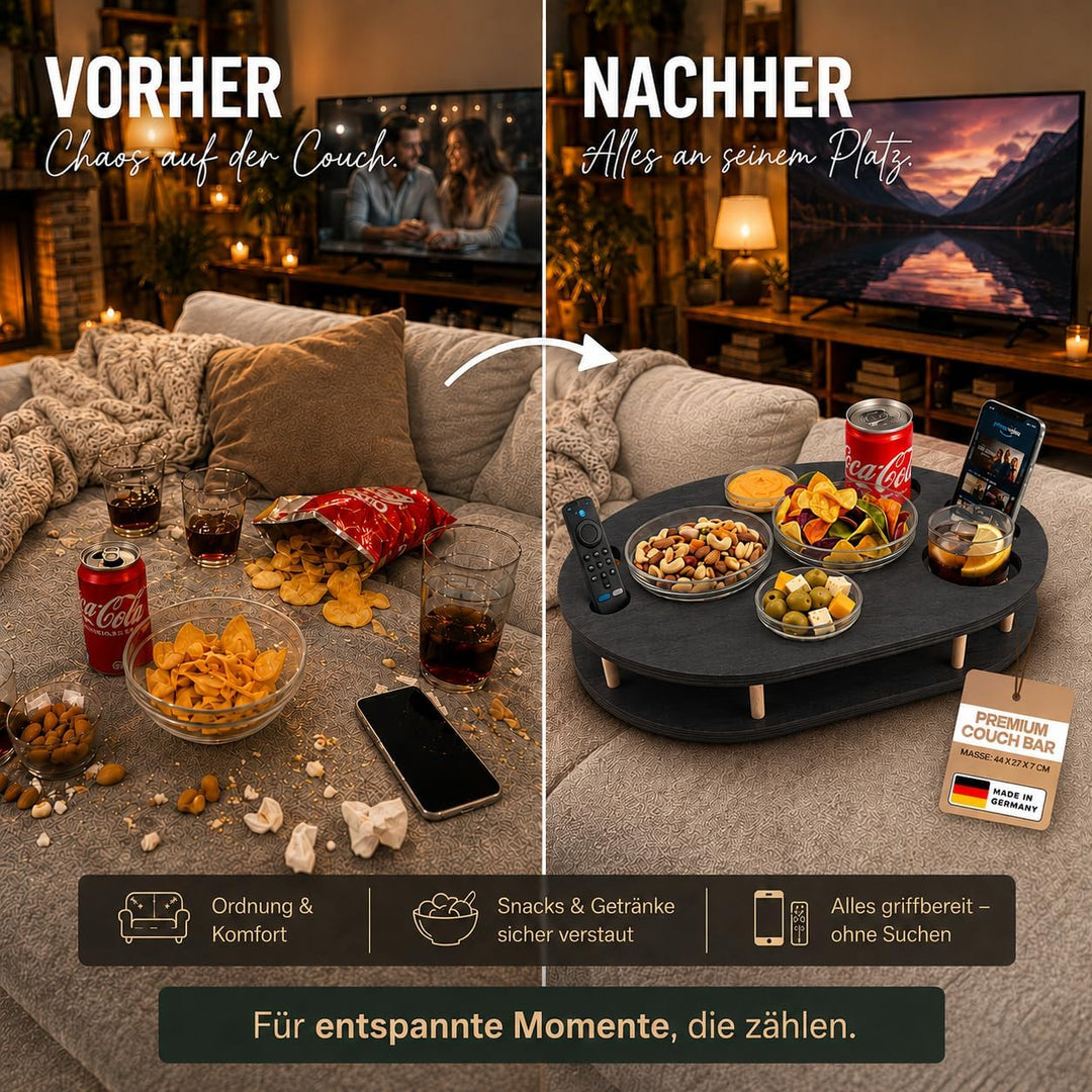 Couchbar Snackbox in schwarz mit 4 Glasschalen - Sofabar für Snacks und Getränke - Couchtabletts mit