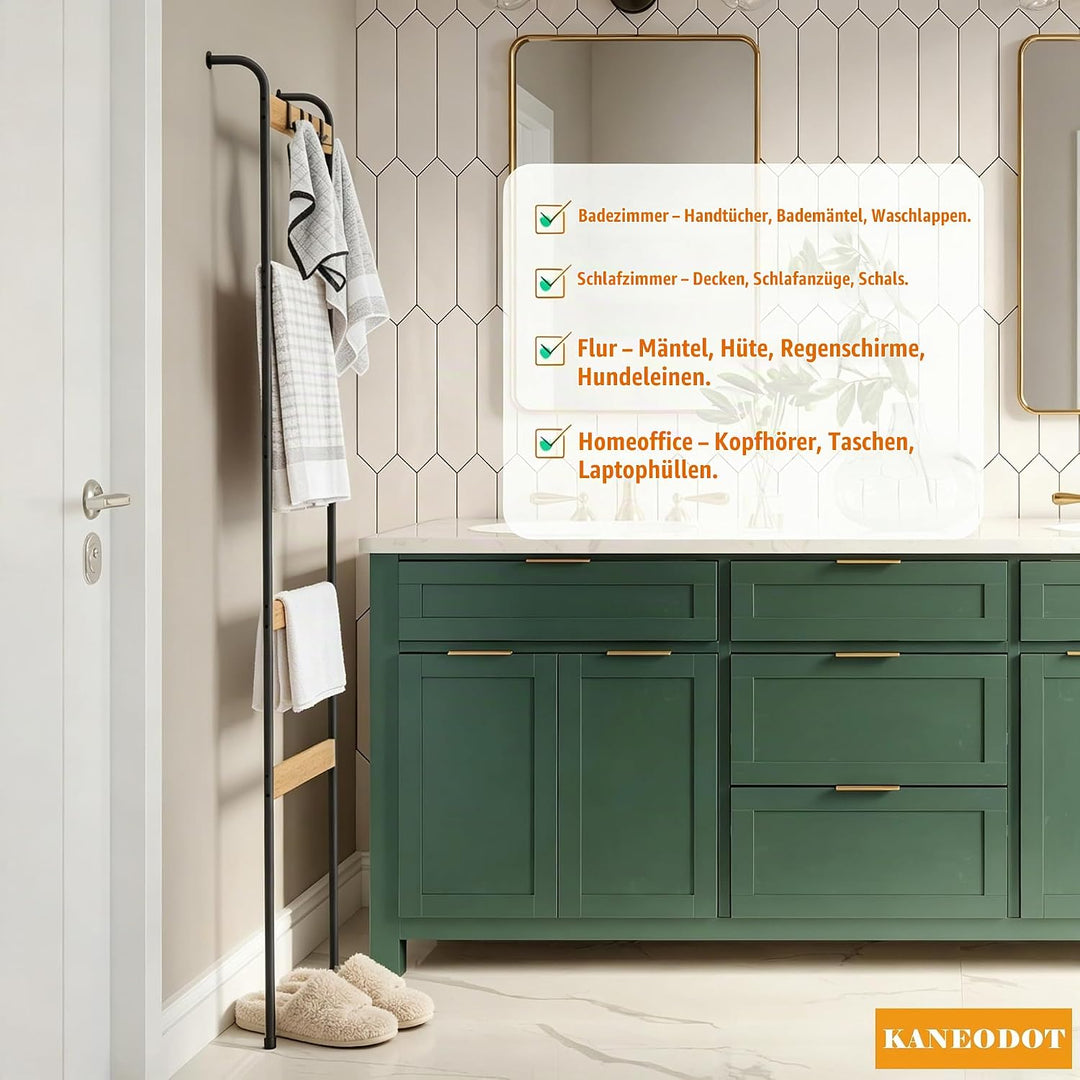 Freistehende Handtuchleiter Bambus, Handtuchhalter Stehend aus Schwarz Metall, Handtuchleiter mit 10