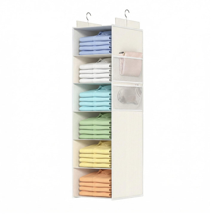 Extra Tiefer Hängeorganizer Schrank, Kleiderschrank Organizer, 6 Fächer mit Mesh-Taschen, Faltbar un
