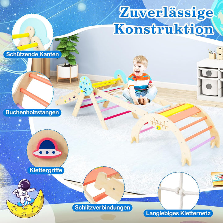 COSTWAY Klettergerüst Indoor 4er Set, klappabres Kletterdreieck mit Rutsche, Kletterbogen, Netz, ink