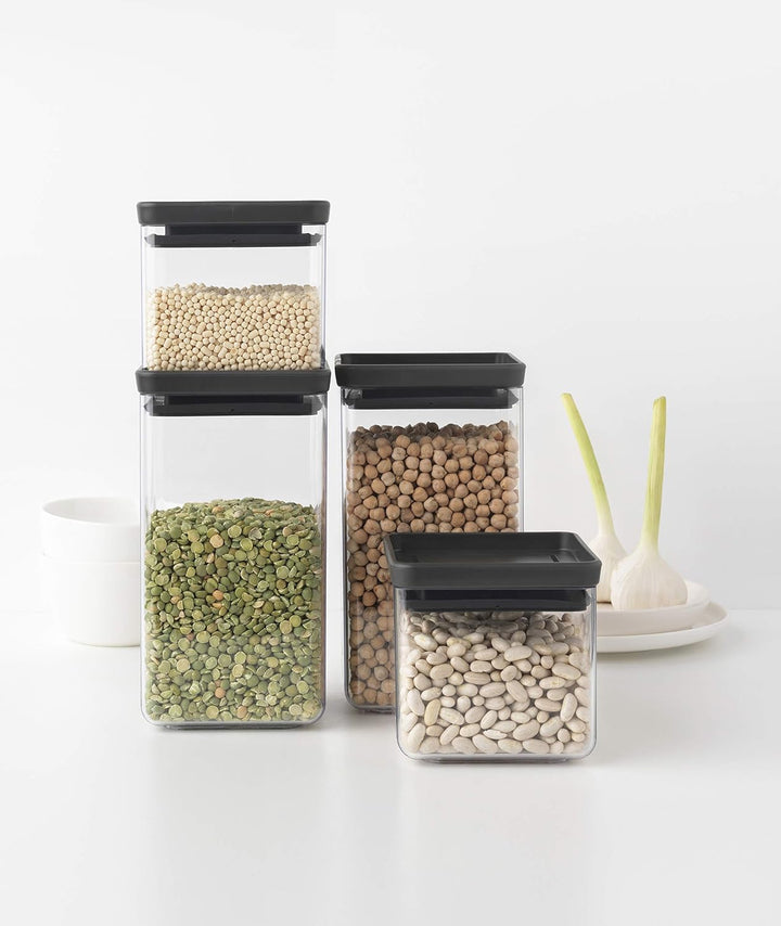 Brabantia 4er-Set Vorratsdose Eckig, Tasty+, Dunk Grau 4er-Set Dark Grey, 4er-Set Dark Grey