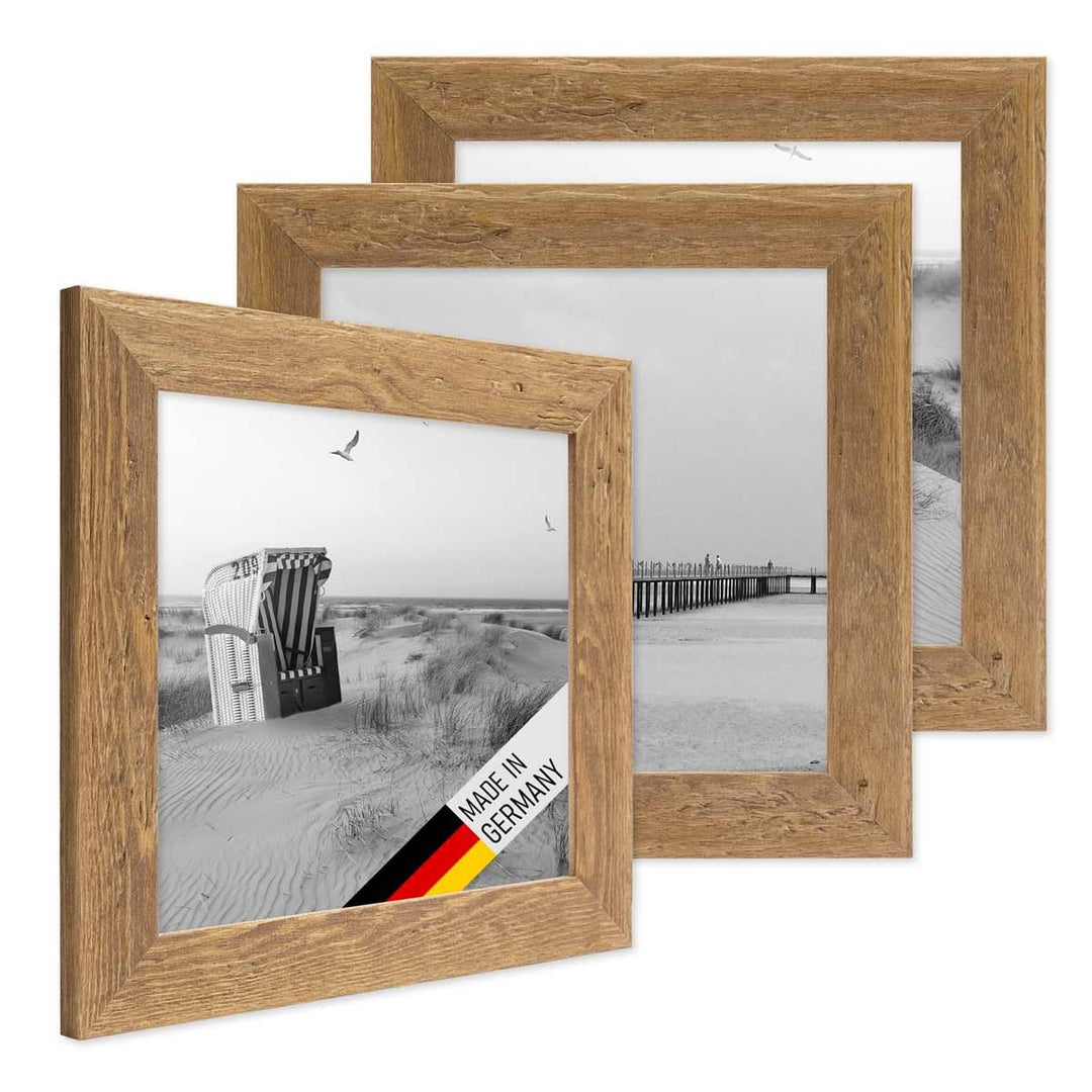 Bilderrahmen 15x15 cm Holz Eiche-Optik, 3er Set Echtholz-Rahmen rustikal, Strandhaus, Made in German