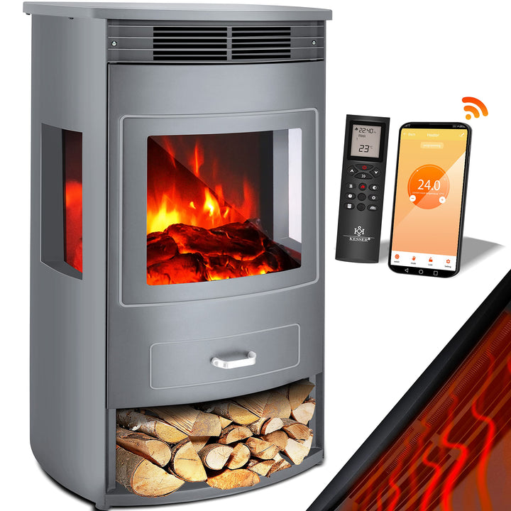 KESSER® Prio Elektrokamin mit Heizung Heizlüfter Fernbedienung WiFi App 950/1900 W Kamin elektrisch