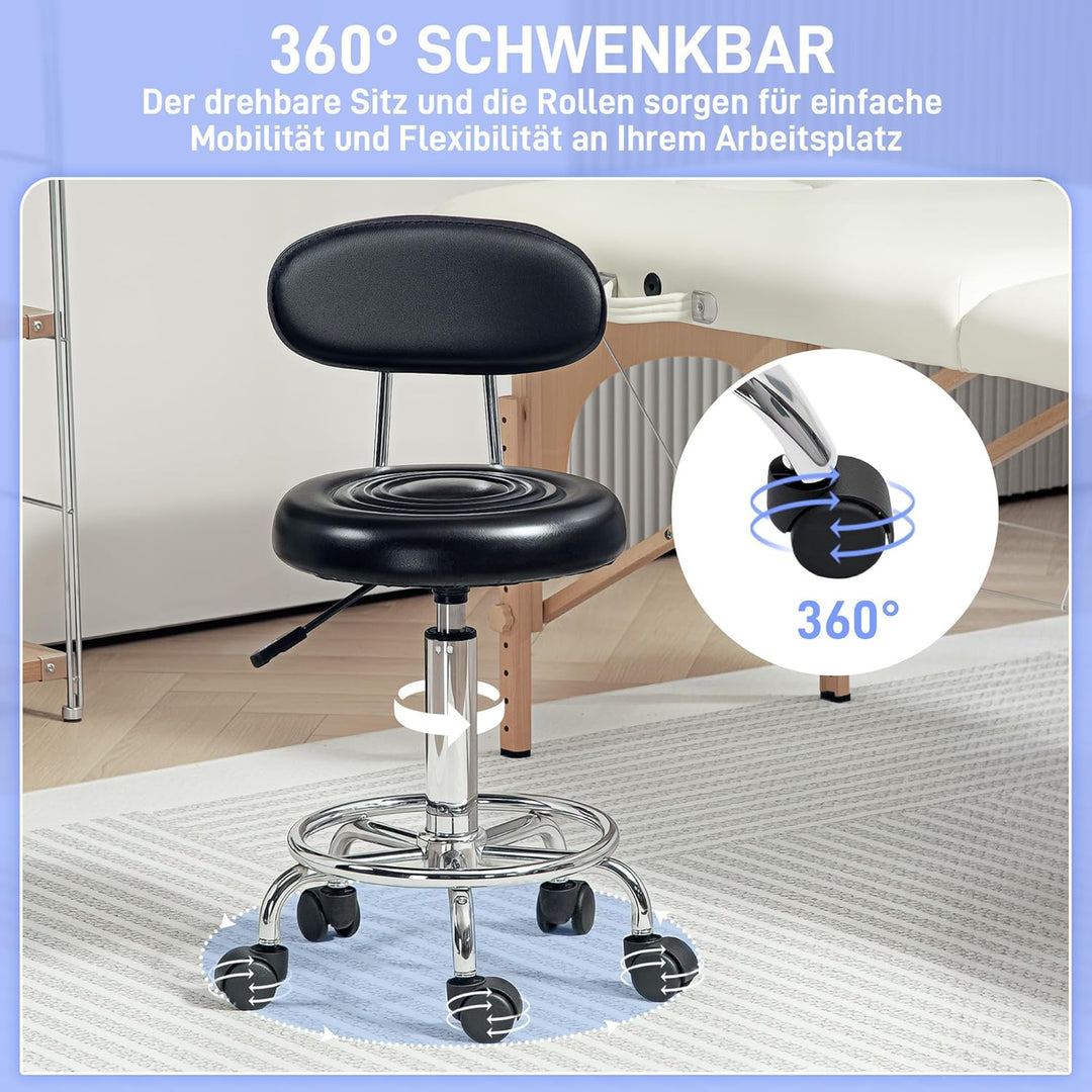 HOMCOM Rollhocker höhenverstellbar Drehhocker Drehbar Salon Hocker mit Lehne, Rädern, Arbeitshocker