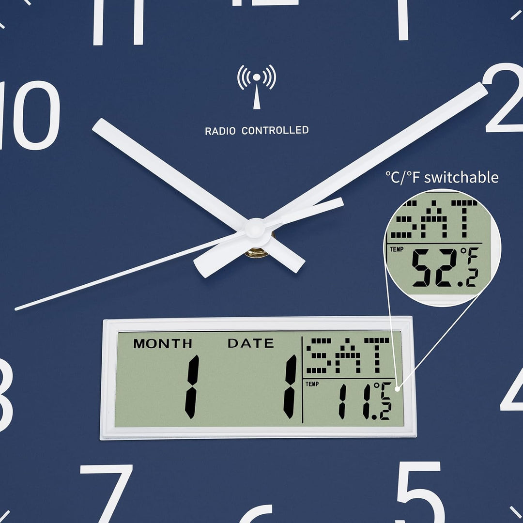 Foxtop Funk-Wanduhr Digital & Analog 30cm mit LCD-Anzeige – Digitale Funkuhr Wanduhr mit Temperatur,