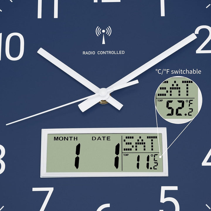 Foxtop Funk-Wanduhr Digital & Analog 30cm mit LCD-Anzeige – Digitale Funkuhr Wanduhr mit Temperatur,