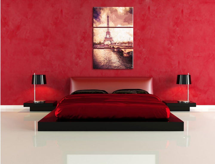 Pixxprint Eiffelturm in Paris Kunst / 3-Teilig/Gesamtmass 120cm Leinwandbild bespannt auf Holzrahmen