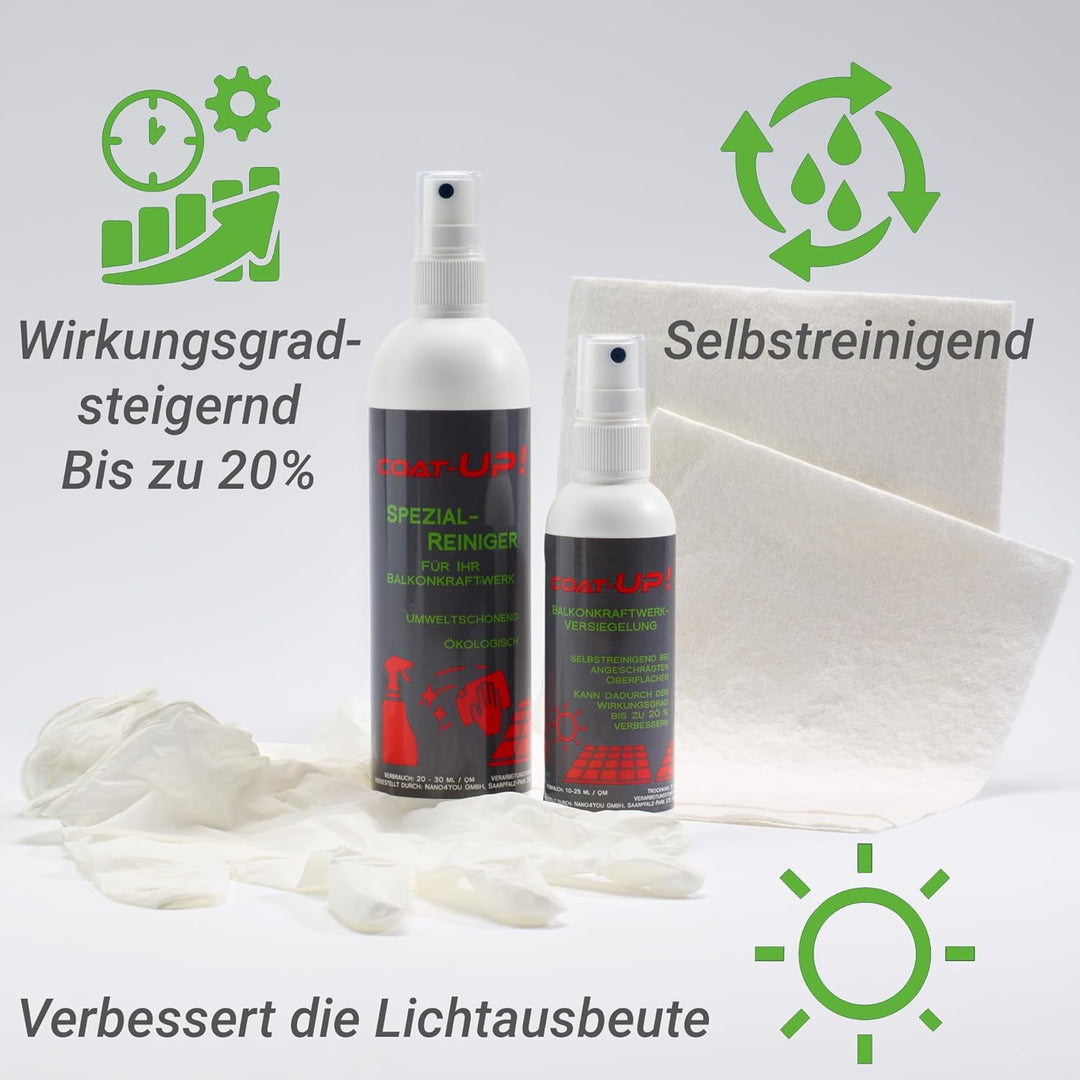 COAT-UP Balkonkraftwerkversiegelung mit Selbstreinigungseffekt 100 ml + Spezialreiniger 250 ml (SET)