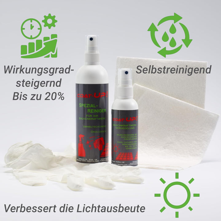 COAT-UP Balkonkraftwerkversiegelung mit Selbstreinigungseffekt 100 ml + Spezialreiniger 250 ml (SET)