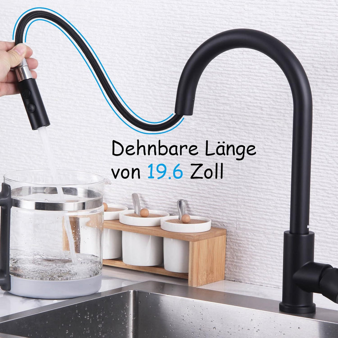Wasserhahn Küche Schwarz, Hochdruck Küchenarmatur Ausziehbar 360° Schwenkbar, Einhebel Spültischarma