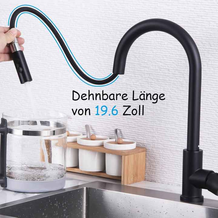 Wasserhahn Küche Schwarz, Hochdruck Küchenarmatur Ausziehbar 360° Schwenkbar, Einhebel Spültischarma