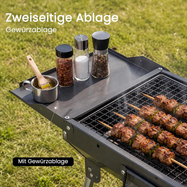 Klappgrill BBQ Set Tragbarer Holzkohlegrill mit 2 Seitenablagen, 28,5 x 77 x 55 cm Faltbar Grill Sch