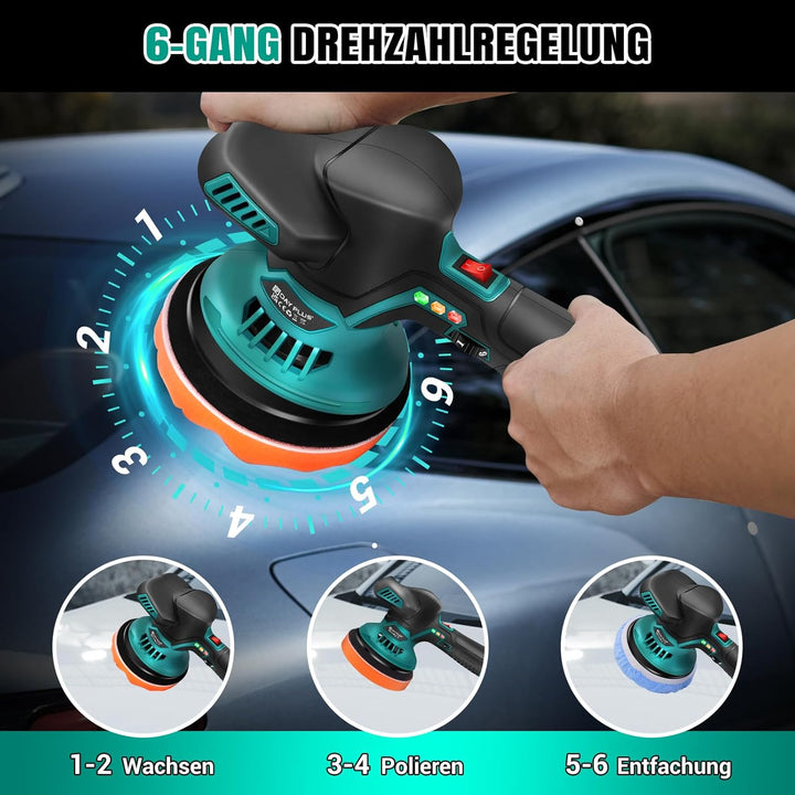 Akku Poliermaschine 12V 2x 2.0AH Akku, mit 24 Aufsätzen, 6 Drehzahlregulierung 2800-5000RPM, 125-150