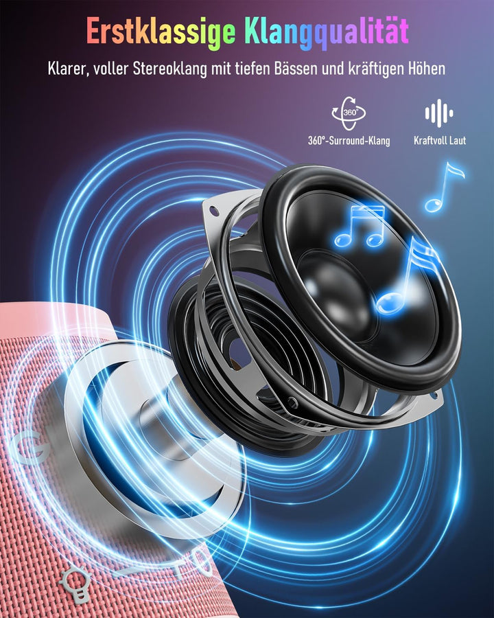 Tragbarer Bluetooth-Lautsprecher Drahtlos, IPX6 Wasserdichter Bluetooth-Lautsprecher mit 9 Farblicht