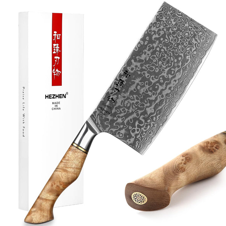 HEZHEN Küche Gemüse Fleischbeil Chinesischer Koch Kochmesser 17.3cm-Metzgermesser 67-Lagig Damaskus