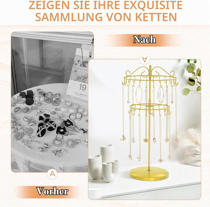 iDavosic.ly 2-Stufiger Kettenständer Schmuck Drehbar, 42-Haken Ketten Halsketten Aufbewahrung, Metal