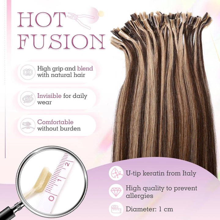 Elailite Echthaar Bonding Extensions Balayage Mittelbraun + Honigblond 25 Strähnen 25g Haarverlänger
