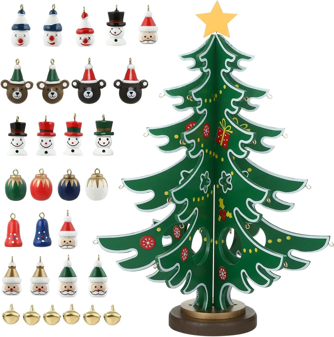 LIHAO Adventskalender Mini Holz Christmas Tree Weihnachtsbaum mit 24 Anhänger Weihnachtsbaum aus Hol