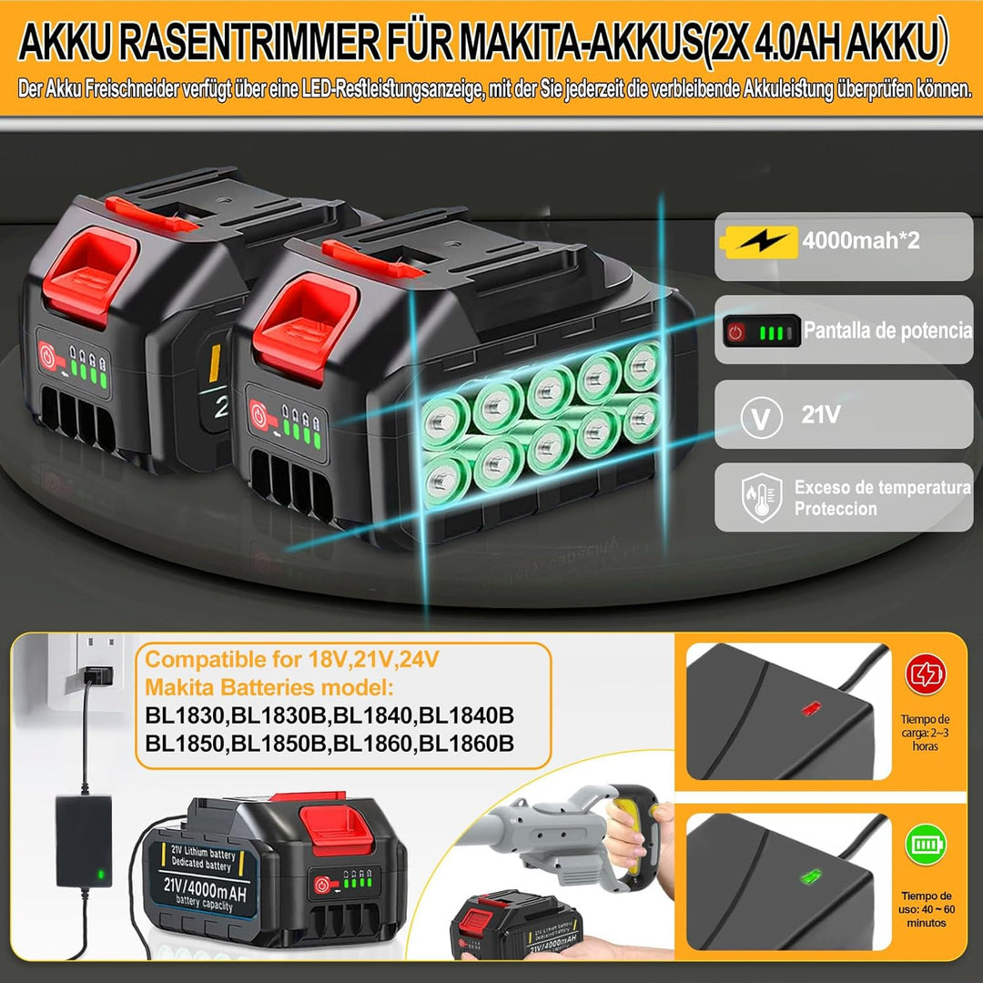 Akku Rasentrimmer mit Akku und Unkrautbürste 4 in 1 Bürstenloser Akku Freischneider Elektro Motorsen